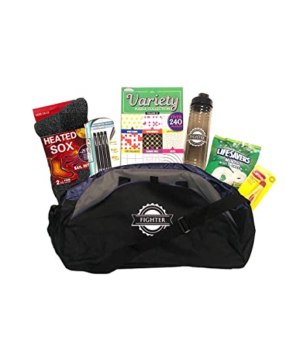 Chemo Care Package for Men Get Well Gift Set for Man Fighting Cancer or Any Illness In Hospital or at Home - 6 Comforting Practical Items in a Roomy Duffel Bag Imprinted Fighter