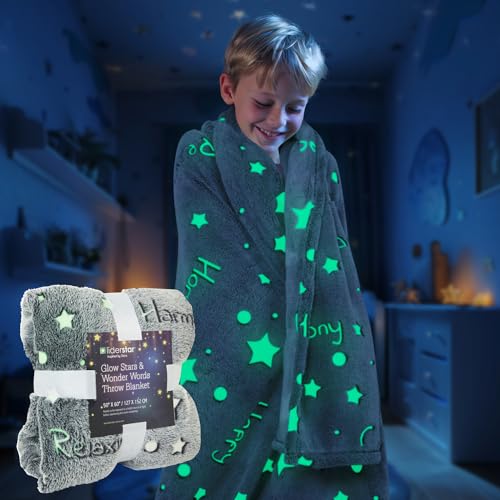 Glow in The Dark Throw Blanket,Super Soft Cozy Furry Plush Fleece Blanket Decorated with Stars and Words of Healing, Birthday Gift for Girls Boys Kids Teens Grandkids Toddler, Gray,50'x 60'