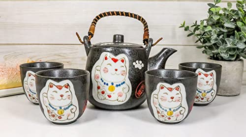 Japanese Design Maneki Neko Lucky Cat Black Ceramic Tea Pot and Cups Set Serves 4 Beautifully Packaged in Gift Box Excellent Home Decor Asian (Black Maneki Neko Set)