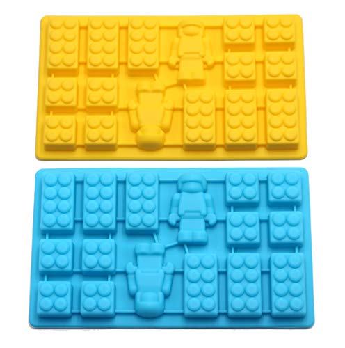 Minifigure Multi Building Bricks Ice Cube Trays & Candy Chocolate Molds for Melted Chocolate & Crayons - Birthday Day or Party Favors - Set of 2, Much Fun for Robot Lovers(Blue & Yellow)