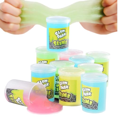 Kicko Glow in The Dark Slime - 12 Pack - Assorted Neon Colors - Glowing Slime Kit for Kids, Slime Party Favors in Green, Blue, Orange, and Yellow, Goody Bag Fillers and Birthday Gifts