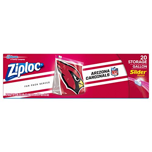 Ziploc Slider Storage Gallon Bag, Great for Grab-and-go Snacking, Tailgating or homegating, 20 Count- NFL Arizona Cardinals