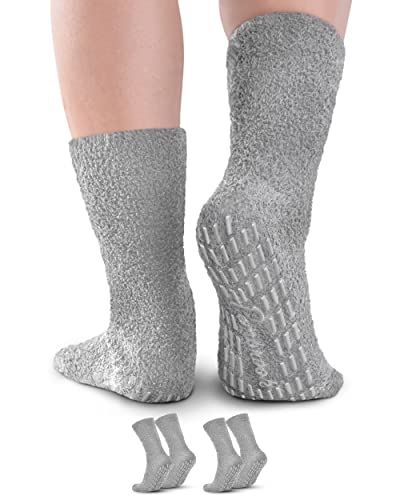 Pembrook Non Skid / Slip Socks – (2-Pack – Gray) – Hospital - Fuzzy Slipper Socks – Great for adults, men, women. Designed for medical hospital patients but great for everyone