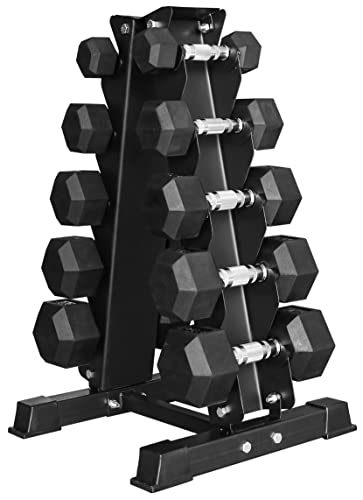 Signature Fitness 150LB Rubber Coated Hex Dumbbell Weight Set with A-Frame Storage Rack, 5-25 lbs Pairs, Black