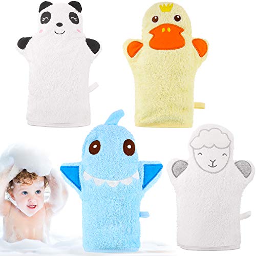 4 Pieces Baby Bath Mitt Washcloths Gloves Designed in Nice Cute Animal Style Yellow Duck Shark Panda Sheep Cotton Towel Gentle Scrub for Baby Toddler Kids Bath and Shower