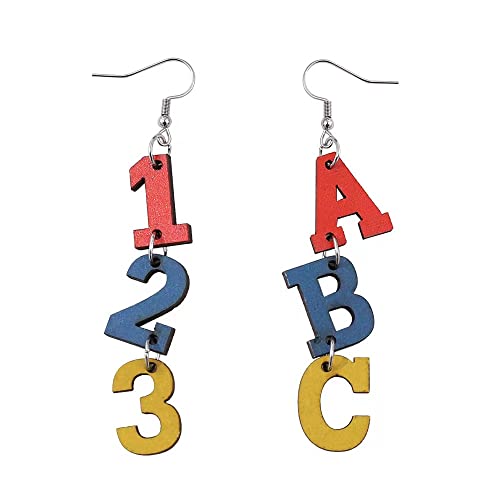 Cute Pair of 123 ABC Dangle Earrings for Teachers, Educators, Librarians, Principals, Faux Leather, No Gemstone