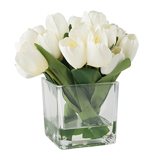 Home Artificial Tulip Floral Arrangement in Vase-24 Fake Flowers with Leaves in Decorative Clear Glass Square Bowl & Faux Water for Décor, 8.5', Cream and Green