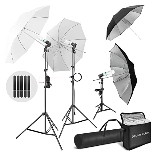LimoStudio 700W Output Photography Umbrella Continuous Lighting Kit 5500K Neutral Day Light, 6300 Lumen CFL Bulbs with White Soft Light Umbrella Diffuser & Black, Silver Umbrella Reflector, LMS103