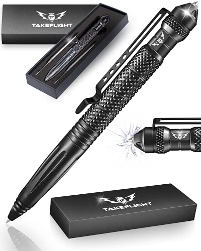 TF TAKEFLIGHT Tactical Pen Multitool – Gifts For Men Dad - Diamond Thread Grip, Strong Rugged Aluminum EDC Survival Gear, Pocket Military Writing Glass Breaker, Pen Collection - Black Card