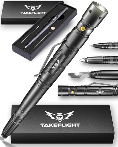 Tactical Self Defense Pen with Flashlight, Glass Breaker, Bottle Opener - Multitool Gadget Gift for Men, Dad, Fathers Day - Multi Tool Survival Gear for Graduation, Police, Military, Pilot, Husband