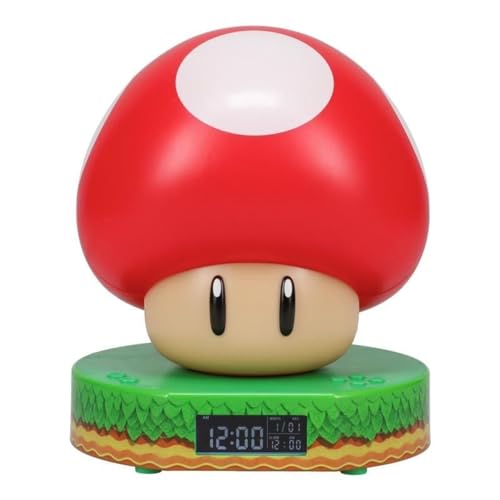 Paladone Super Mario Bros Mushroom Digital Alarm Clock with Power Up Game Sound and Night Light Glow, Licensed Nintendo Lamp for Kids Themed Bedroom and Bedside - 13.7 cm