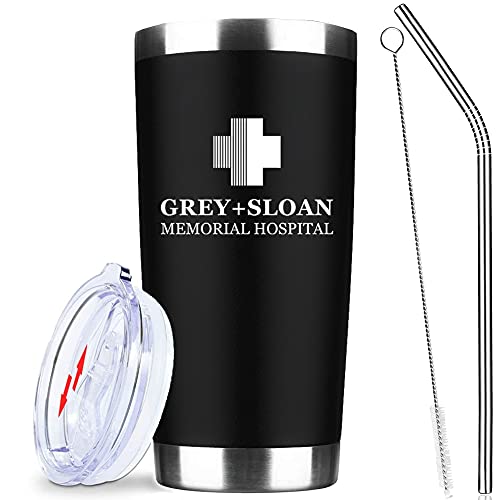 ATHAND Gifts for Doctors Nurses - Greys Anatomy Stainless Steel Tumbler Cups with Lid & Straw 20 oz - Insulated Tumbler Cups Double Wall Travel Iced Coffee Mug Birthday Gifts Ideas for Men (Black)