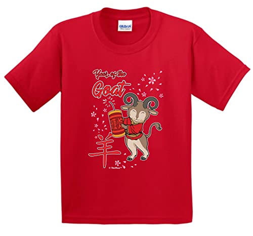 Happy Chinese New Year Year of The Goat Kawaii Full Character Art Youth Short Sleeve T-Shirt Medium Red