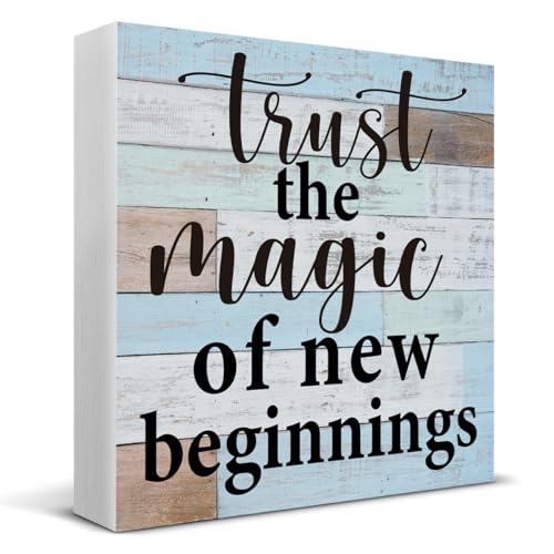 Trust the Magic of New Beginnings Wooden Box Sign Desk Decor, Inspirational Quote Wood Box Sign for Home Office Shelf Table Decoration 5 X 5 Inch