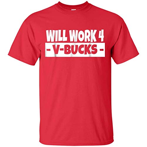 Will Work for V-Bucks Cool Gamer T-Shirt (Youth Medium (10-12), Red)