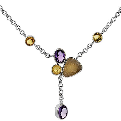 Sterling Silver Cream Druzy Rolo Necklace Amethyst, Citrine Accents, 16 inches Long