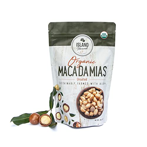 Island Harvest Unsalted Organic Macadamia Nuts - 100% Hawaiian Unsalted Macadamia Nuts are Keto Friendly, All-Natural and Non-GMO, Dry Roasted Nuts High In Fiber; 8 Ounce (Pack of 1)