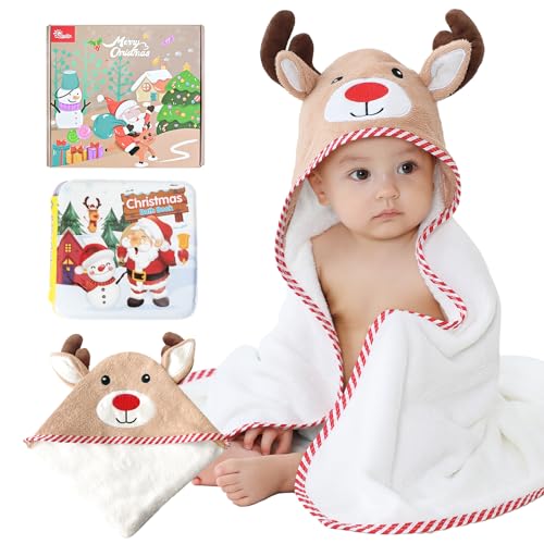 Newchin Christmas Hooded Baby Towel - Rayon Made from Bamboo, Soft Bath Towel Baby Set with Rudolph for Babies, Toddler, Infant - Includes Bath Book