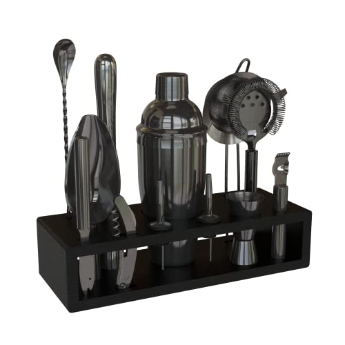 Highball & Chaser 13-Piece Cobbler Cocktail Shaker Set: Black Polished Stainless Steel Bartender Kit For Home Bar Cocktail Set | Laser Engraved Cocktail Tools | Plus E-Book with 30 Cocktail Recipes