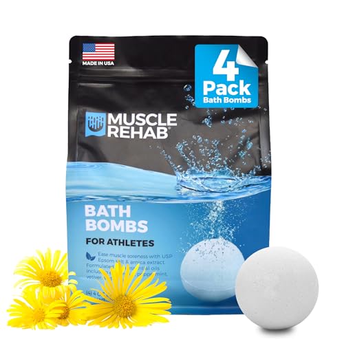 Muscle Rehab Magnesium Epsom Salt Arnica Bath Bombs - Fast-Absorbing Muscle Soak for Post-Workout - Bath Bombs for Sore Muscles and Pain- Hand and Foot Soak Bombs - Athletic Recovery Bath - 4 Bombs