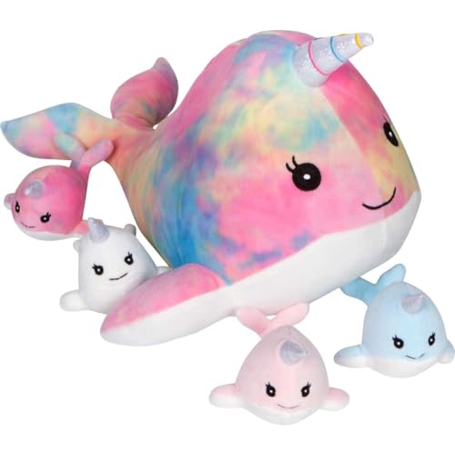 PixieCrush Narwhals Stuffed Animals - Mommy Narwhal with 4 Calves in Her Tummy - Huggable Unicorn Plushies for Imaginative Play - Plush Toys Suitable for Kids 3 Years Old and above - 10' x 10' x 8'