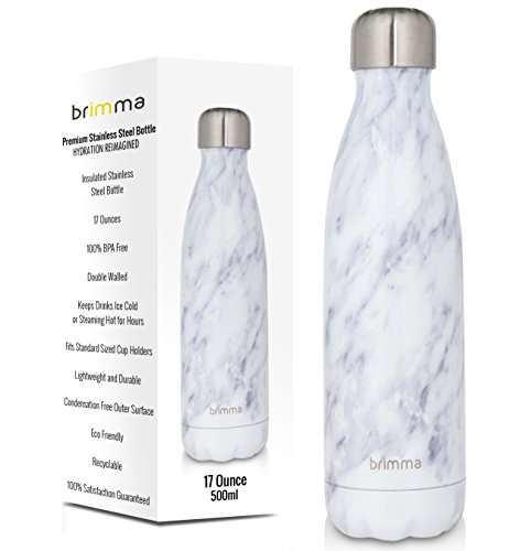 Brimma Vacuum Insulated Water Bottle - Double Walled Stainless Steel Travel Bottle for Hot & Cold Drinks - 100% Sweat & Leak Proof Portable Thermos Flask - 17 Oz (500 ml) (White Marble)