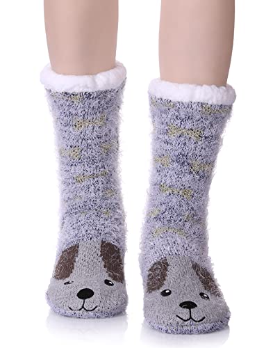 MQELONG Womens Super Soft Cute Cartoon Animal fuzzy Cozy Non-Slip Winter Slipper Socks (Gray Dog) One Size