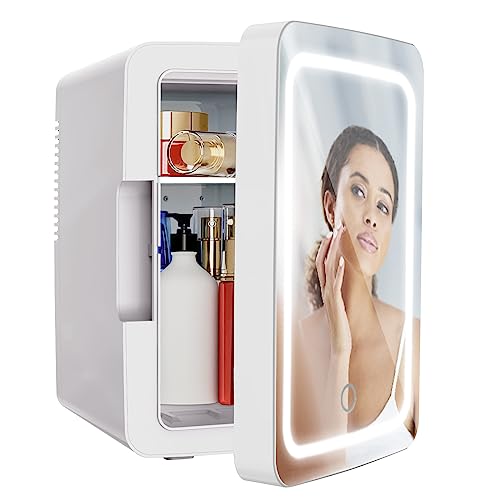 PERSONAL CHILLER 6L Cooler & Warmer Mini Fridge with LED Lighted Mirror, Portable Mini Fridge for Skincare, Makeup, Beauty Products - Mini Fridge for Bedroom Vanity with Lighted Glass, White