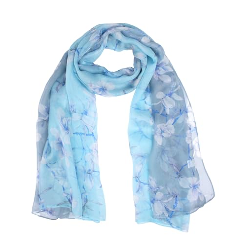 ANDANTINO 100% Mulberry Silk Chiffon Long Scarf for Women Large Shawls for Headscarf and Neck- Oblong Hair Wraps with Gift Packed (Light Blue&Purple Flowers)