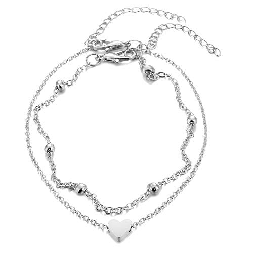 kaululu Silver Ankle Bracelets for Women Teen Girls Love Heart Charm Anklet Gift Summer Beach Anklets Adjustable double Chain