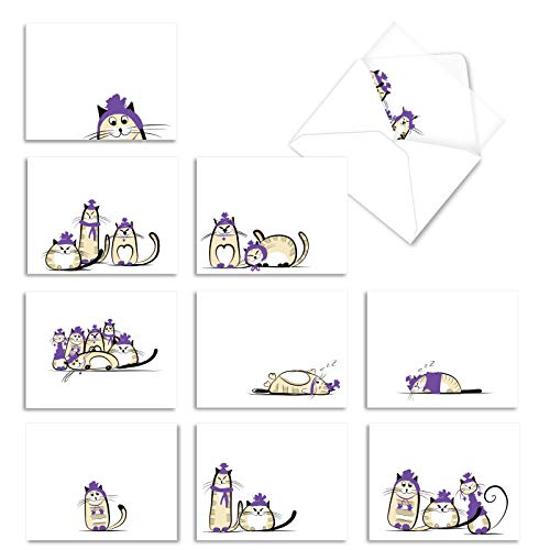 The Best Card Company - 10 Blank Yoga Note Cards (4x 5.12 Inch) - Boxed Notecards with Envelopes, Cute Animal Cards, Zen Assortment - Purple Purrs M3966