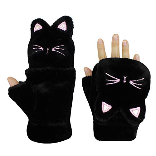 RARITYUS Women Cute Cat Warm Soft Gloves Plush Convertible Flip Top Winter Fingerless Thick Mittens for Teen Girls