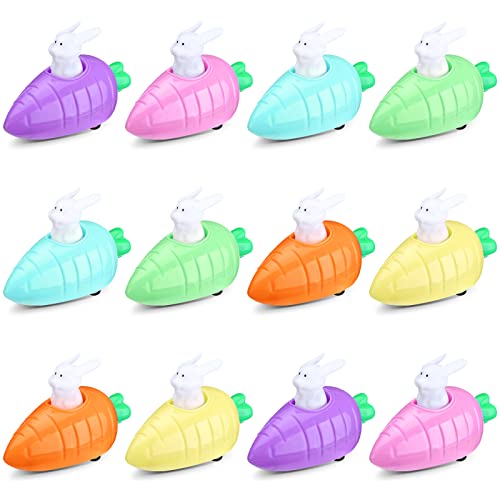 12 Pcs Easter Toys Pull Back Cars Toy Carrot Cars Driven by Rabbit Friction Powered Animal Cars Vehicles Plastic Go Back and Forth Car Toys for Easter Basket Filler Party Favors Gifts, 6 Colors