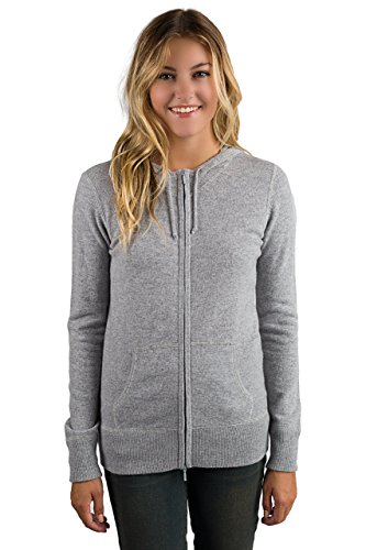 JENNIE LIU Women's 100% Pure Cashmere Long Sleeve Zip Hoodie Cardigan Sweater (Grey,Large)