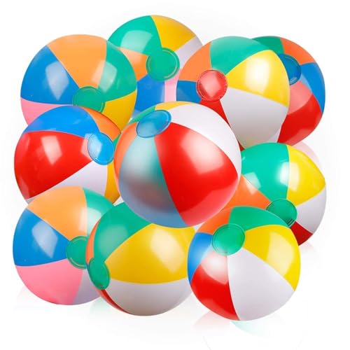 Coogam Inflatable Beach Ball Classic Rainbow Color Birthday Pool Party Favors Summer Water Toy Fun Play Beachball Game for Kid Boys Girls 8 to 12 Inches from Inflated to Deflated (10 PCS)