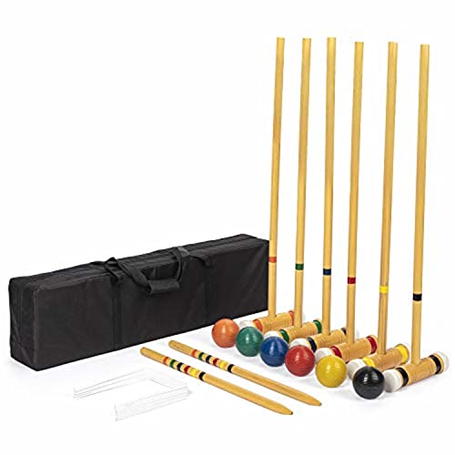 Six-Player Deluxe Croquet Set with Wooden Mallets, Colored Balls, & Sturdy Carrying Bag - Classic Outdoor Yard Game by Crown Sporting Goods