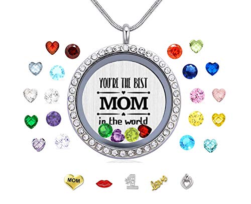 Veeshy Gift for Mother Mom, You Are the Best Mom in the World Living Memory Round Floating Locket Snake Chain Necklace Pendant for Women