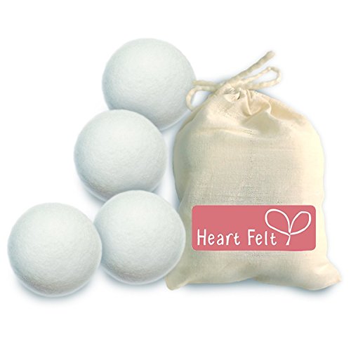 Heart Felt Wool Dryer Balls (4 Pack XL) Pure New Zealand Wool, No Cheap Fillers, Natural Reusable Non-Toxic Fabric Softener, Reduces Drying Time