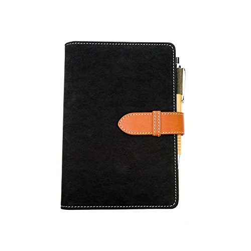 Best Refillable Journal with Pen + Organization Pocket - Stitched Faux Leather – Hook & Loop Clasp - 80 page lined journal - 7.5 x 5.5-inch – Ideal for Reflection, Travel, Sketching - Black