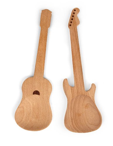 Kikkerland Guitar Style Rockin Wooden Novelty Spoons, Long Handle Serving Utensils Set, Heat Resistant, Brush and Fork for Music Lovers, Set of 2