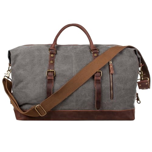 S-ZONE Travel Bag 52-55L Vintage Canvas Crazy Horse Leather Trim Unisex Hand Luggage Weekender Bag Sports Bag for Travel Weekend Holiday, Grey, X-Large