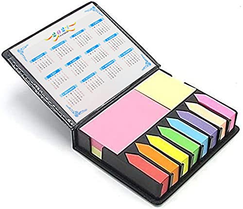 Colored Sticky Note Bundle Set, Mini Rectangular Notes and Index Flags Organizer, with Two Year Calendar. Black Leather Look Design Holder by Premy