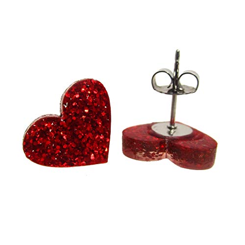 Little Red Glitter Heart Stud Earrings with Nickel Free Titanium Posts, Valentine's Day Love Jewelry