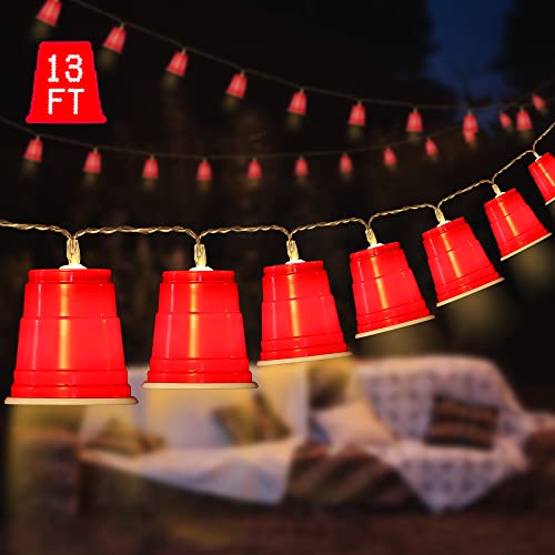 Hiboom 13 FT 20 LED Red Cups String Lights, Mini Shot Cups Fairy Light Decoration, Battery Operated White Trash Party LED Novelty Flip Cup Decor for College Graduation Party Supplies Home(2 Pack)
