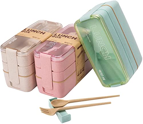 Rarapop 3 Pack Stackable Bento Box Adult Japanese Lunch Box Kit with Spoon & Fork, 3-In-1 Compartment Wheat Straw Meal Prep Containers (Green/Pink/Beige)