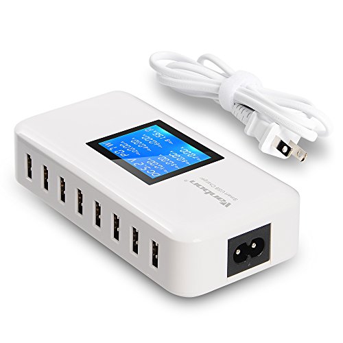 60W/12A 8-Port Desktop Charging Station Multiple USB, Multi Port Travel Fast Wall Charger Hub with LCD for Smart Phones, Tablet and More (White)