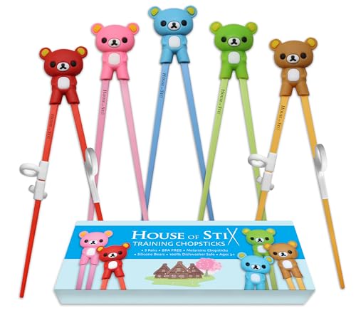 Kids chopsticks for kids children beginner adults toddler training chopsticks with reusable helper (Bears 5-Pack)