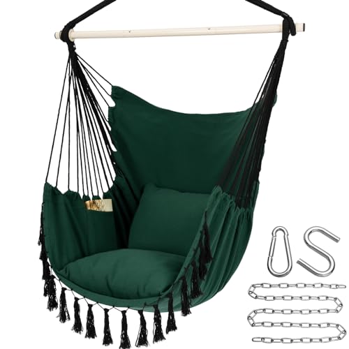 Y- STOP Hammock Chair Hanging Rope Swing, Max 500 Lbs, 2 Cushions Included, Large Macrame Hanging Chair with Pocket for Superior Comfort, with Hardware Kit, Green