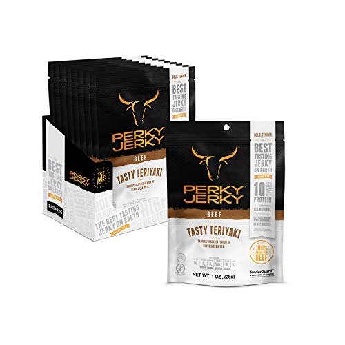 Perky Jerky Tasty Teriyaki 100% Grass Fed Beef Jerky, 1oz (Pack of 12) - Antibiotic Free - 10g Protein Per Serving - Low Fat - Tender Texture