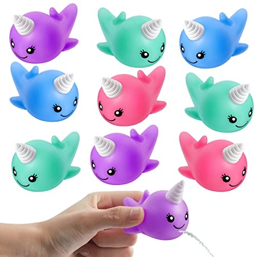 24 Pieces Rubber Water Squirting Narwhals Colorful Sea Animal Pool Toys Bath Squirt Toys Bath Squirters for Bathtub Birthday Party Favors Goodie Bag Fillers, 6 Colors
